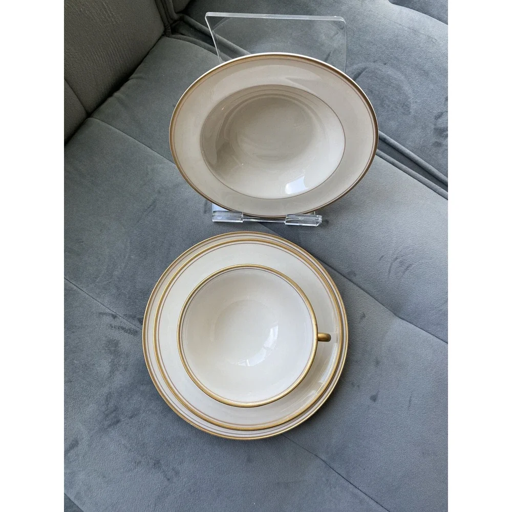 4pc FRANCISCAN Masterpiece China Ivory Gold Trim Tea Cup,Saucer,Soup,Dessert Set